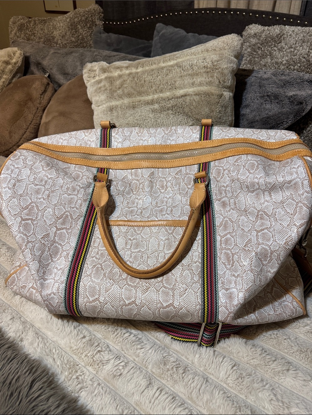 Consuela White Snake-Print Travel Tote with Tan Trim and Multi-Stripe Handles